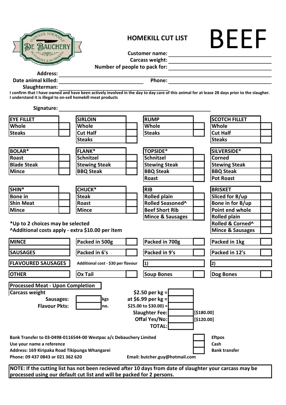 Preview of the De Bauchery beef homekill cut sheet