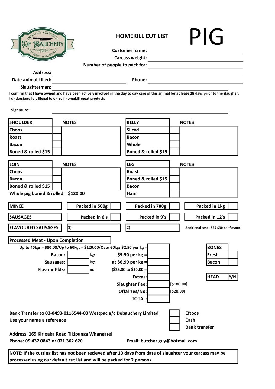 Preview of the De Bauchery pig homekill cut sheet