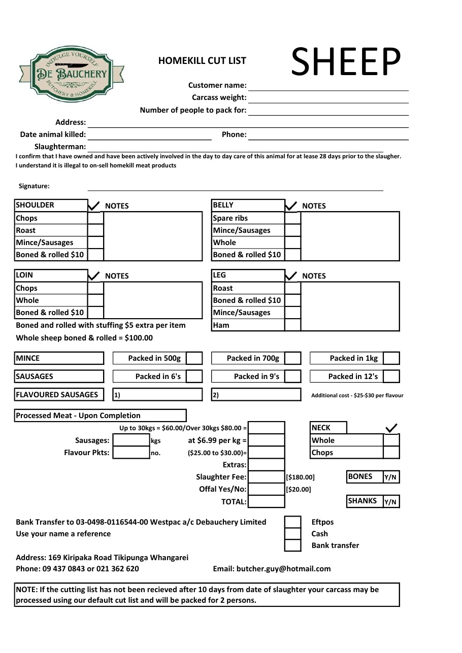Preview of the De Bauchery sheep homekill cut sheet